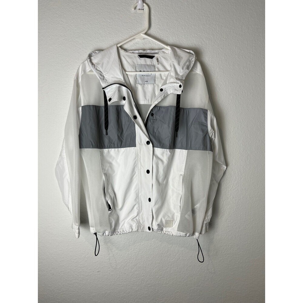 DKNY Sport Jacket Womens Small White Gray Mesh Hooded Windbreaker Lightweight